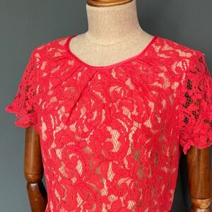 Adrianna Papell Lace Midi Dress | Size 10 |‎ Coral Floral Sleeveless